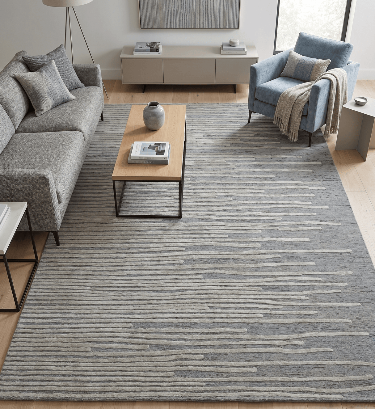 Modern Stripe Pattern Beige and Gray Hand Tufted Wool and Silk Area Rug