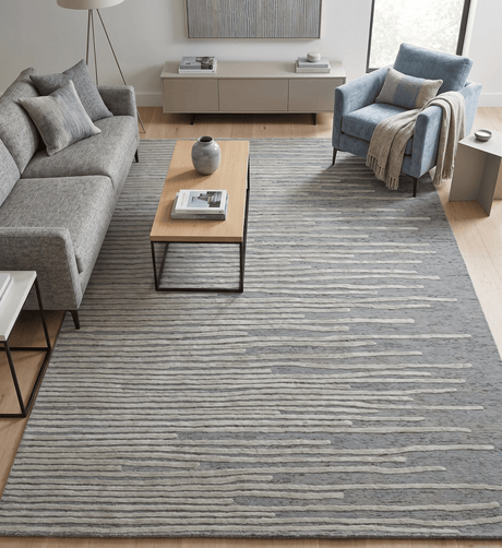 Modern Stripe Pattern Beige and Gray Hand Tufted Wool and Silk Area Rug