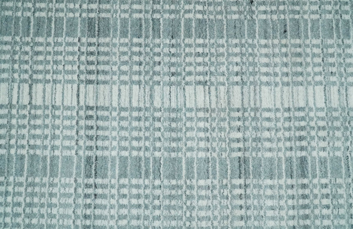 Modern Striped 8x10 Hand Made Ivory and Gray Blended Wool Area Rug