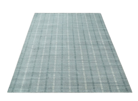 Modern Striped 8x10 Hand Made Ivory and Gray Blended Wool Area Rug