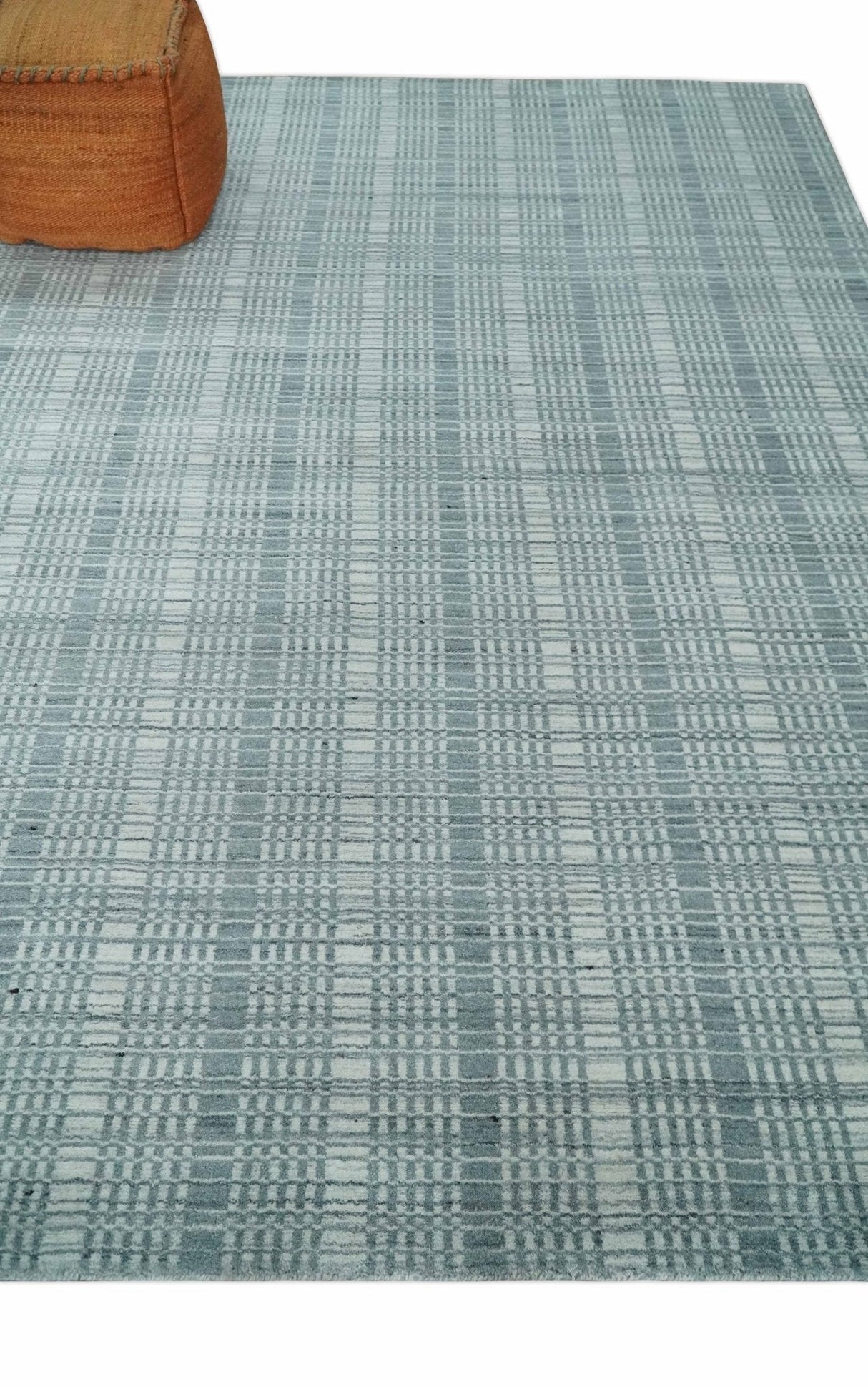 Modern Striped 8x10 Hand Made Ivory and Gray Blended Wool Area Rug