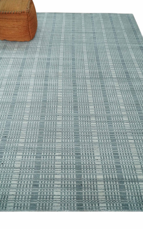Modern Striped 8x10 Hand Made Ivory and Gray Blended Wool Area Rug