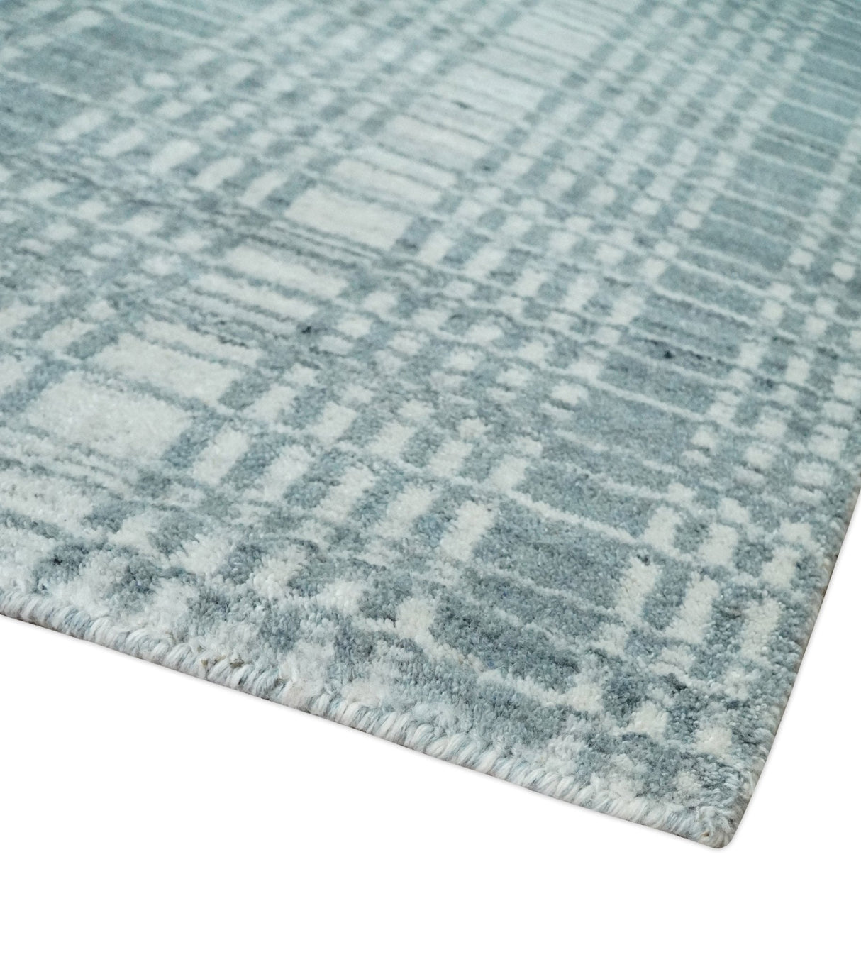 Modern Striped 8x10 Hand Made Ivory and Gray Blended Wool Area Rug
