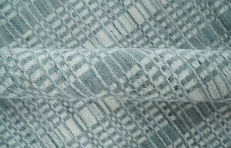 Modern Striped 8x10 Hand Made Ivory and Gray Blended Wool Area Rug