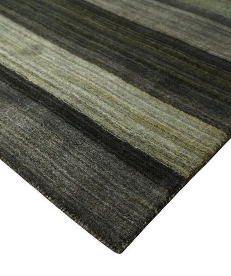 Modern Stripes 5x7 Antique Moss Green and Gray Wool Hand Woven Area Rug