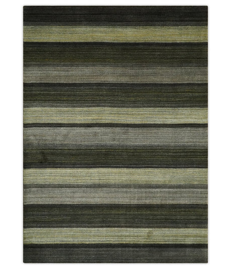 Modern Stripes 5x7 Antique Moss Green and Gray Wool Hand Woven Area Rug