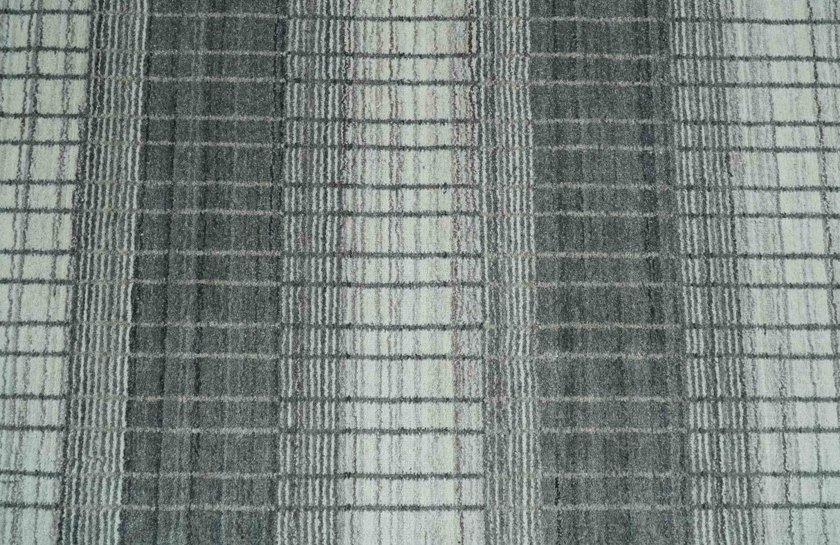 Modern Stripes 8x10 Hand Made Ivory and Gray Blended Wool Area Rug