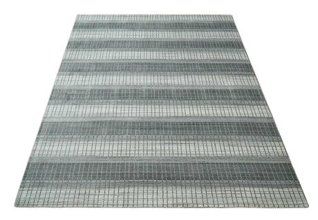 Modern Stripes 8x10 Hand Made Ivory and Gray Blended Wool Area Rug