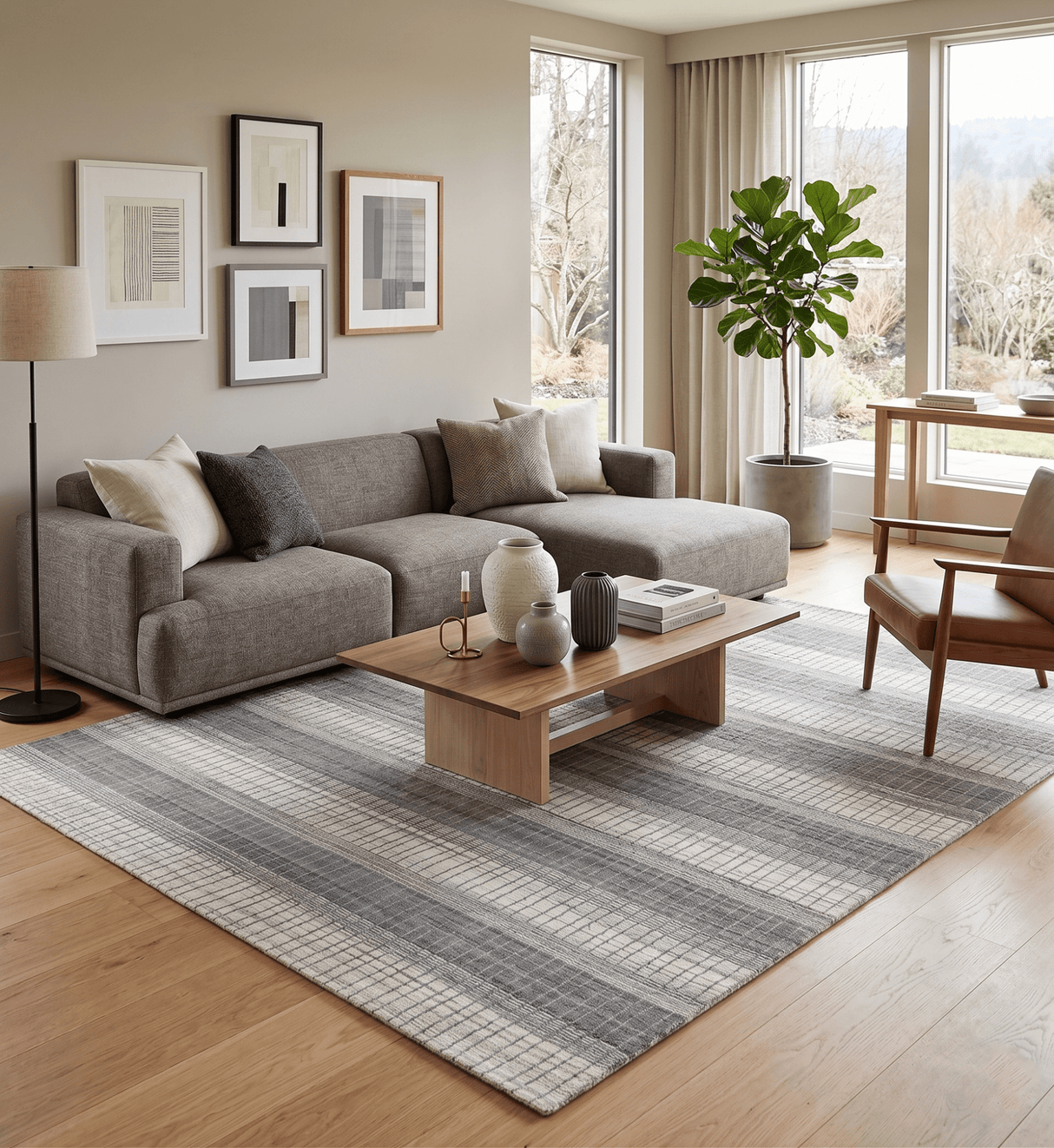 Modern Stripes 8x10 Hand Made Ivory and Gray Blended Wool Area Rug