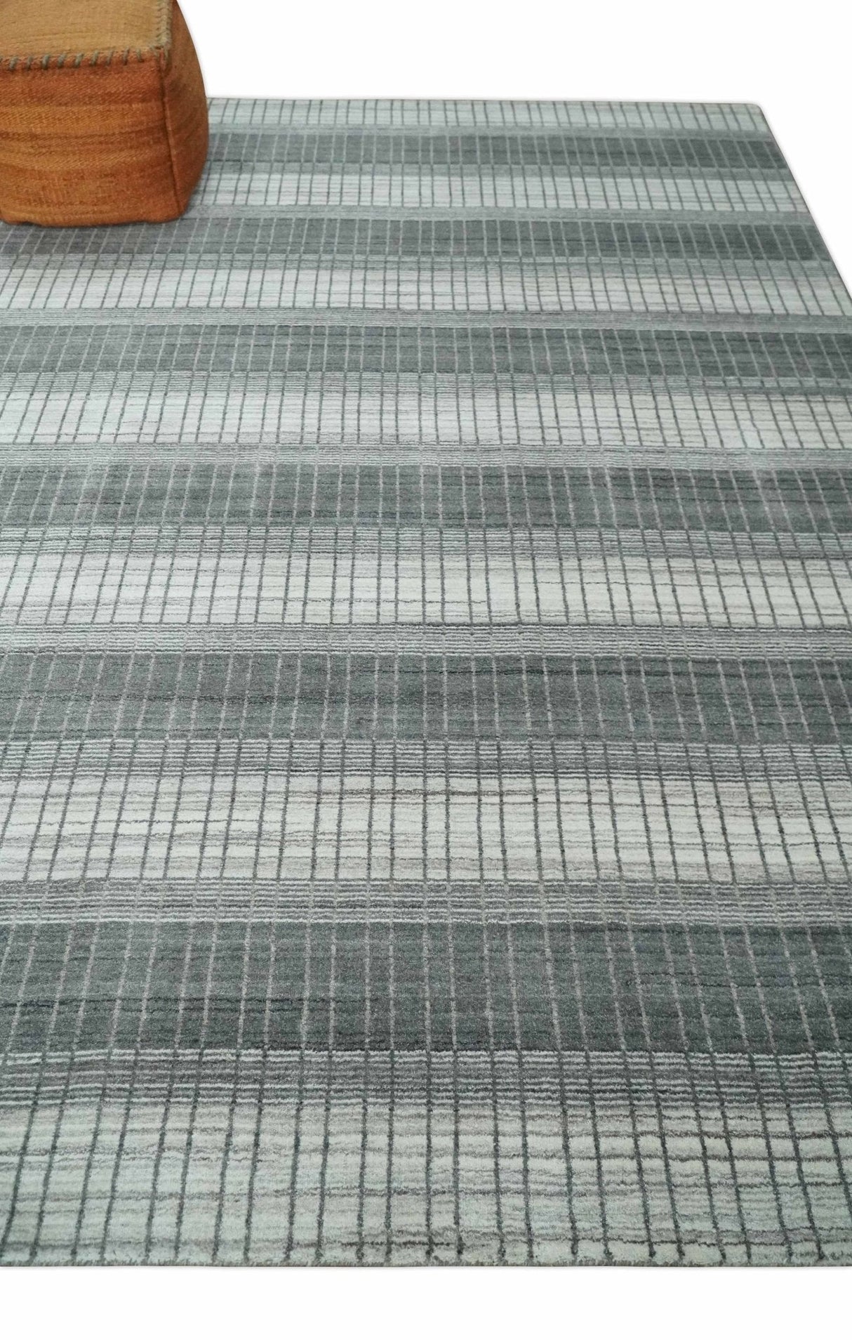 Modern Stripes 8x10 Hand Made Ivory and Gray Blended Wool Area Rug