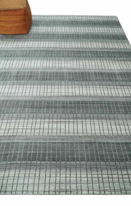 Modern Stripes 8x10 Hand Made Ivory and Gray Blended Wool Area Rug