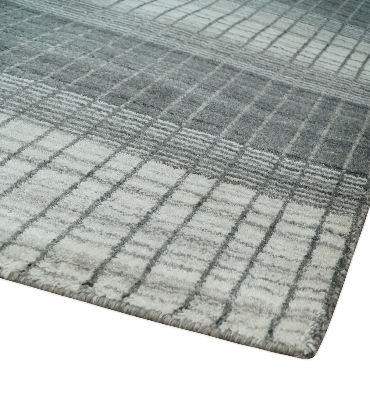 Modern Stripes 8x10 Hand Made Ivory and Gray Blended Wool Area Rug