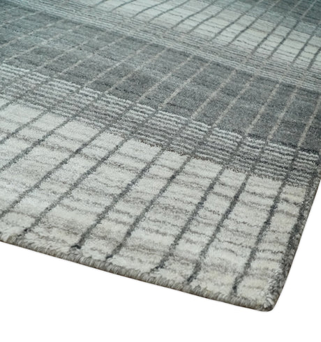 Modern Stripes 8x10 Hand Made Ivory and Gray Blended Wool Area Rug