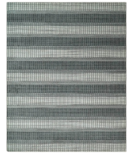 Modern Stripes 8x10 Hand Made Ivory and Gray Blended Wool Area Rug