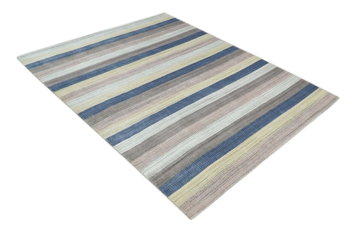 Modern Stripes Design 8x10 Hand Made Multicolor Blended Wool Area Rug