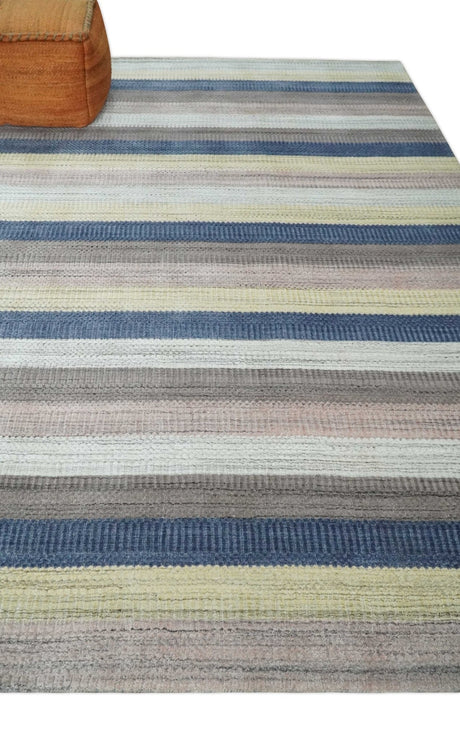 Modern Stripes Design 8x10 Hand Made Multicolor Blended Wool Area Rug