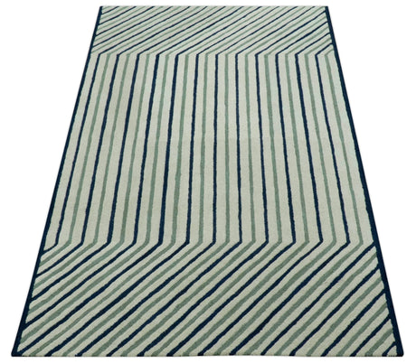 Modern Stripes Design Beige And Blue Hand Tufted Custom Made Wool Area Rug