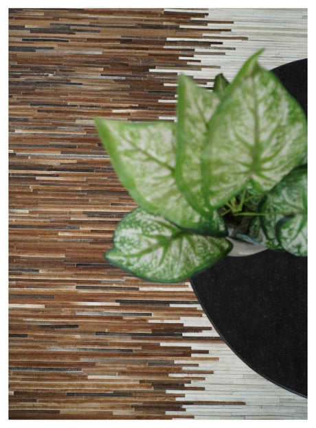 Modern Stripes Leather Striped Tan Brown and Ivory Leather Multi Size Area Rug