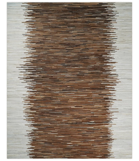 Modern Stripes Leather Striped Tan Brown and Ivory Leather Multi Size Area Rug