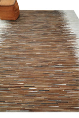Modern Stripes Leather Striped Tan Brown and Ivory Leather Multi Size Area Rug
