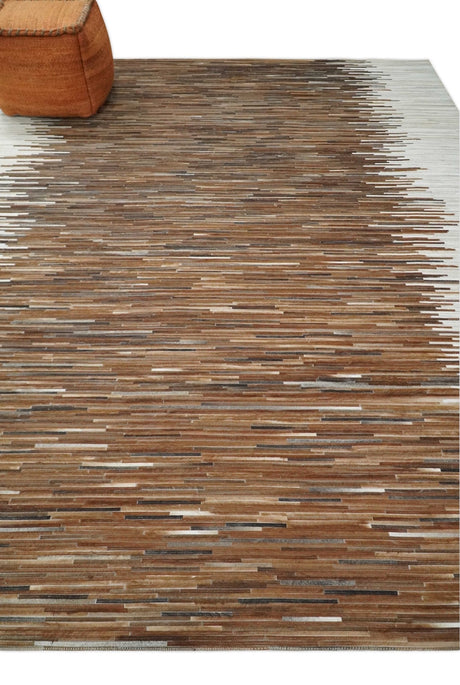 Modern Stripes Leather Striped Tan Brown and Ivory Leather Multi Size Area Rug