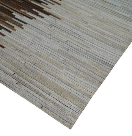 Modern Stripes Leather Striped Tan Brown and Ivory Leather Multi Size Area Rug