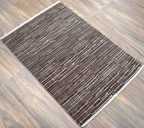 Modern Stripes Pattern Brown Hand Knotted Wool 2x3 Area Rug