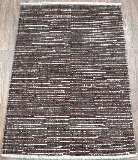 Modern Stripes Pattern Brown Hand Knotted Wool 2x3 Area Rug