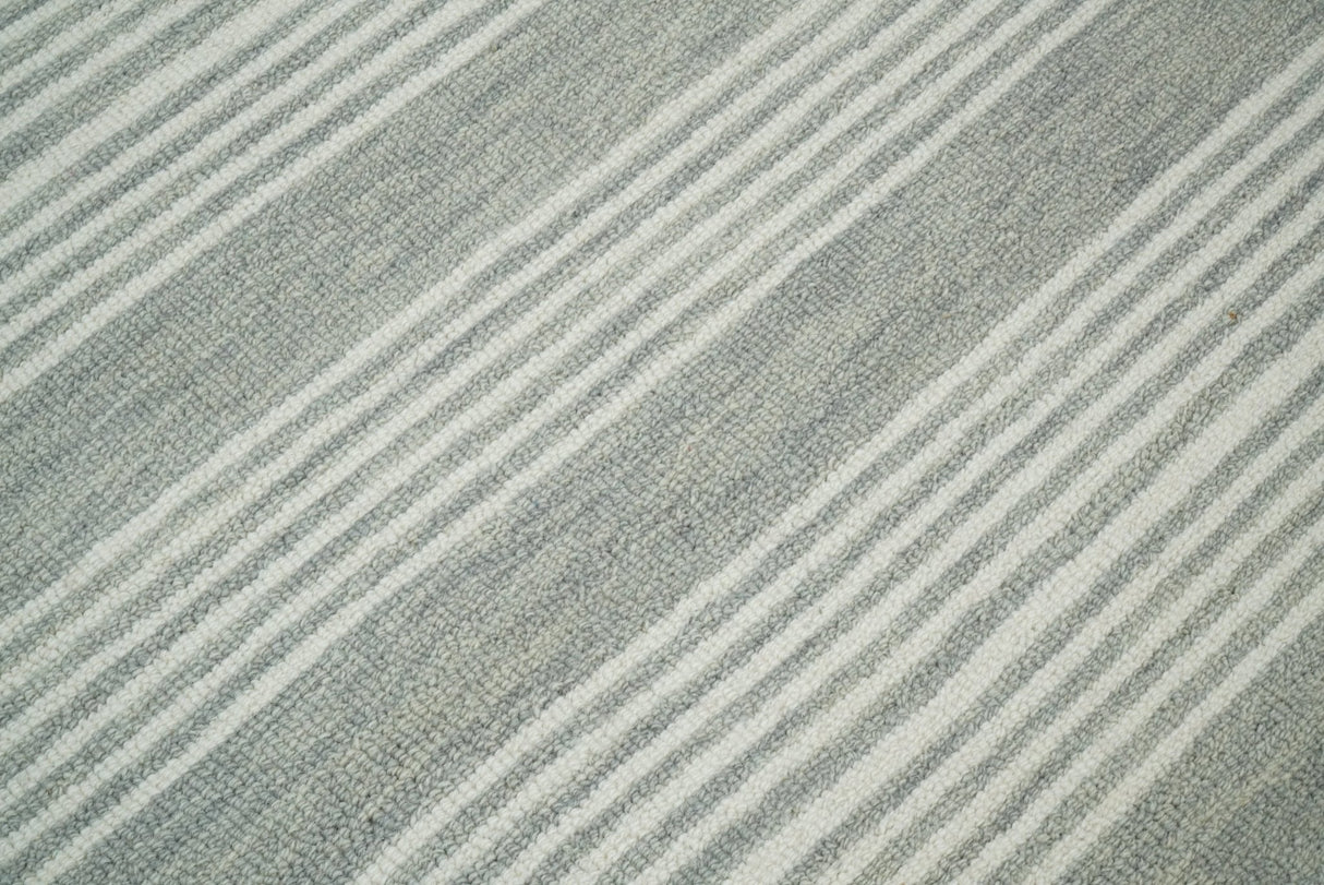 Modern Stripes Pattern Grey and Ivory Hand Tufted Wool Area Rug