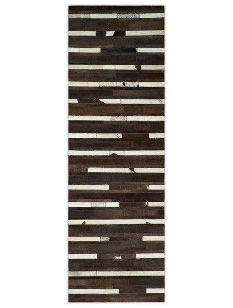 Modern Stripes Pattern Handwoven Brown And Black Leather Area Rug