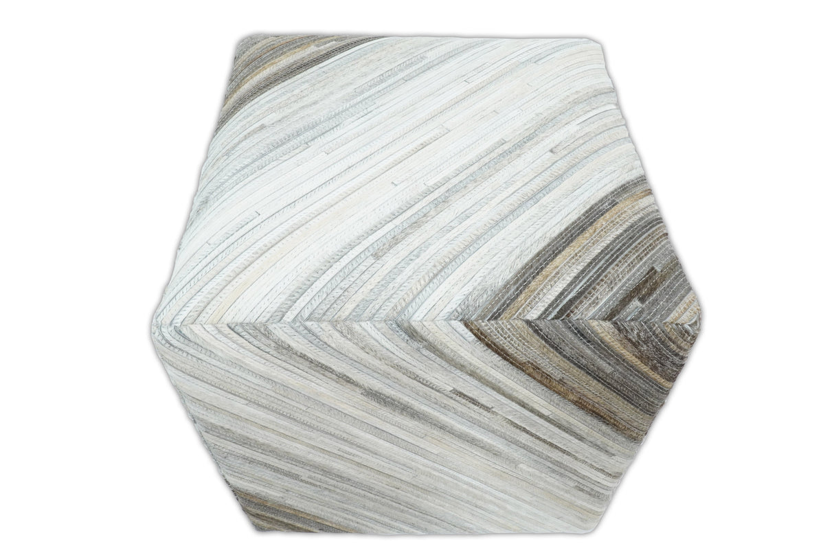 Modern Stripes Pattern Ivory and Brown Leather Pouf