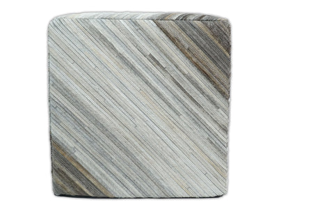 Modern Stripes Pattern Ivory and Brown Leather Pouf