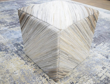 Modern Stripes Pattern Ivory and Brown Leather Pouf