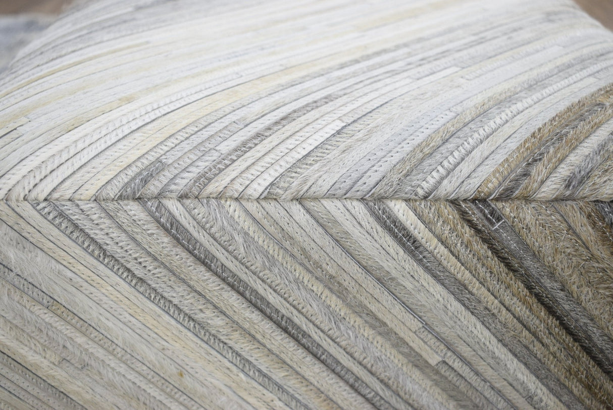 Modern Stripes Pattern Ivory and Brown Leather Pouf