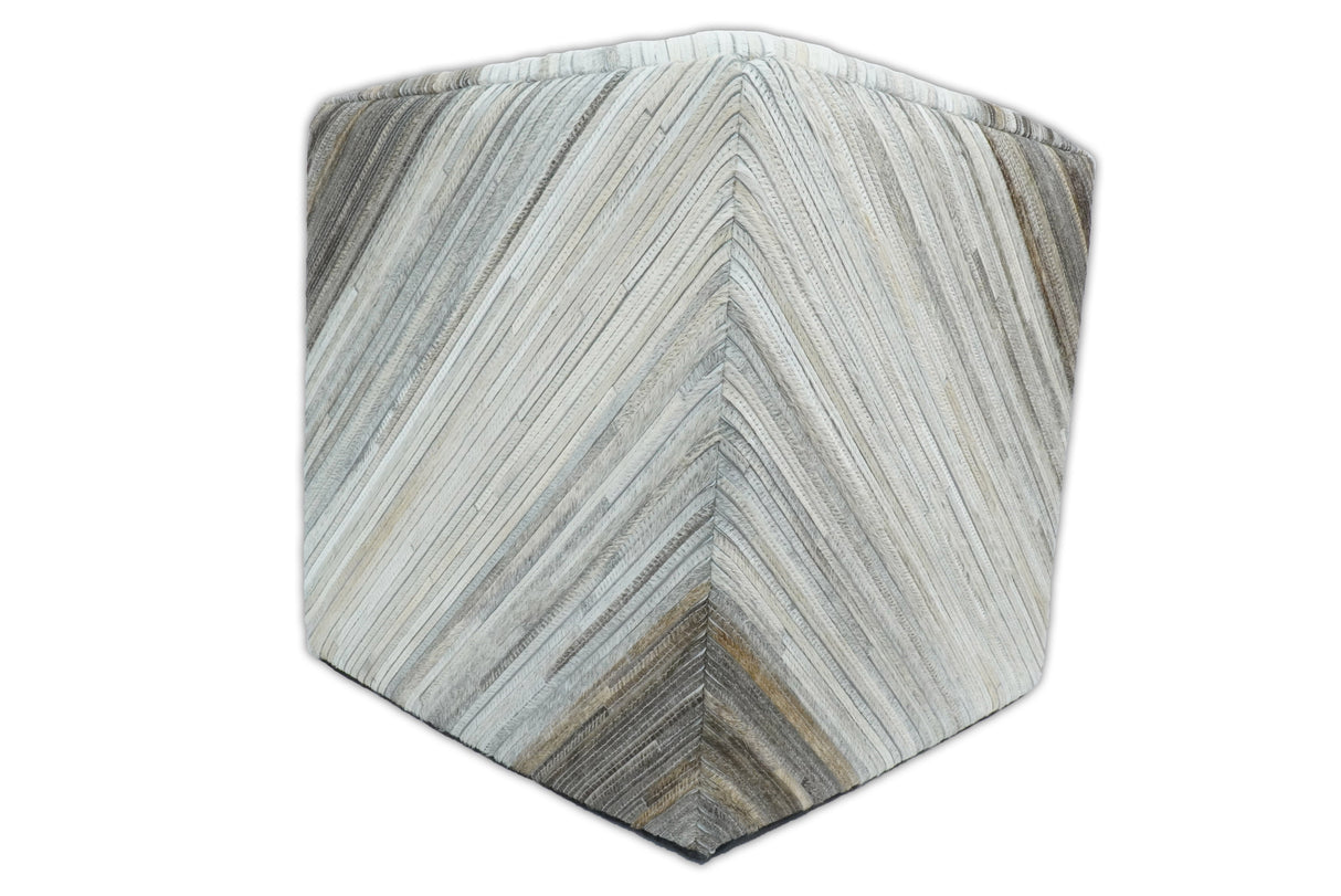 Modern Stripes Pattern Ivory and Brown Leather Pouf