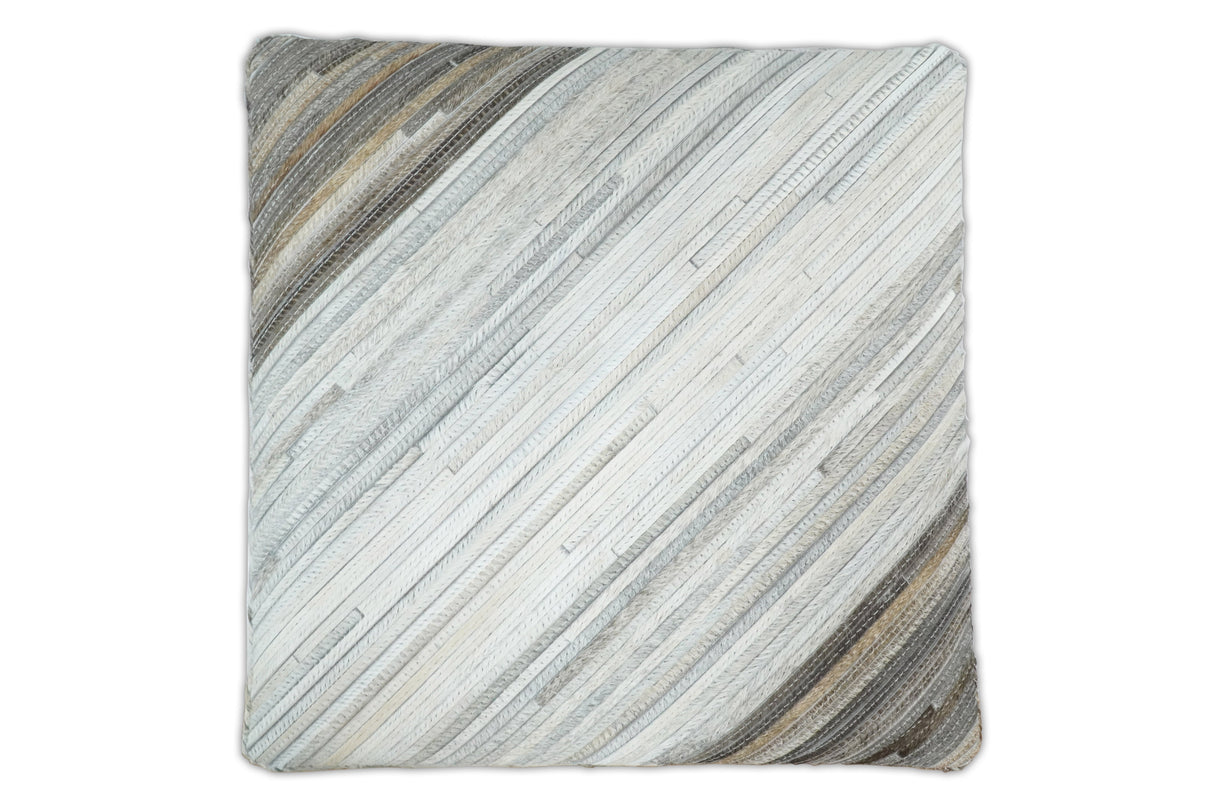 Modern Stripes Pattern Ivory and Brown Leather Pouf