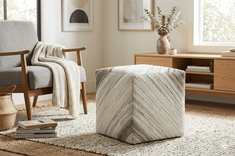 Modern Stripes Pattern Ivory and Brown Leather Pouf