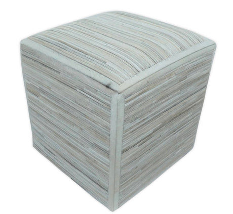 Modern Stripes Pattern Ivory And Silver Handmade Leather Pouf