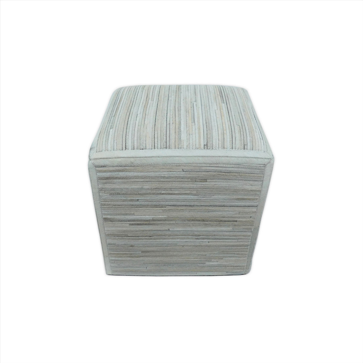 Modern Stripes Pattern Ivory And Silver Handmade Leather Pouf