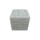 Modern Stripes Pattern Ivory And Silver Handmade Leather Pouf