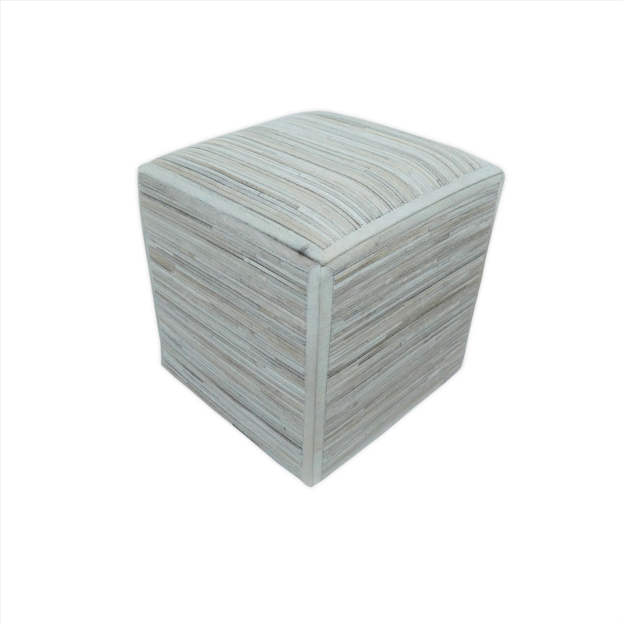 Modern Stripes Pattern Ivory And Silver Handmade Leather Pouf