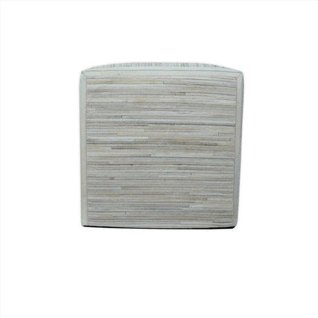 Modern Stripes Pattern Ivory And Silver Handmade Leather Pouf