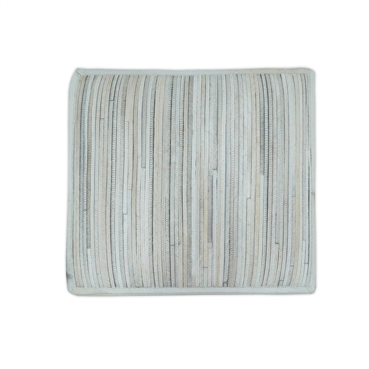 Modern Stripes Pattern Ivory And Silver Handmade Leather Pouf