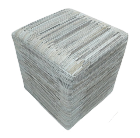 Modern Stripes Pattern Silver and Gray Leather Pouf