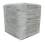 Modern Stripes Pattern Silver and Gray Leather Pouf