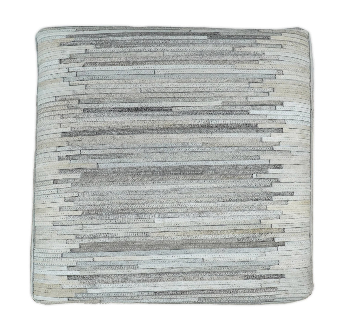 Modern Stripes Pattern Silver and Gray Leather Pouf
