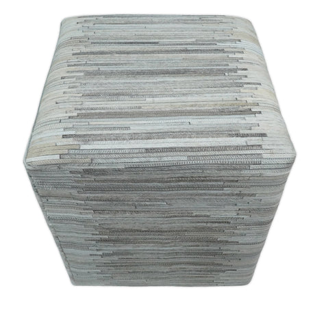 Modern Stripes Pattern Silver and Gray Leather Pouf