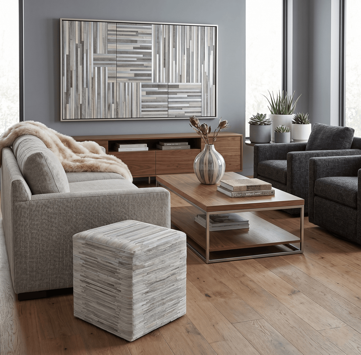 Modern Stripes Pattern Silver and Gray Leather Pouf