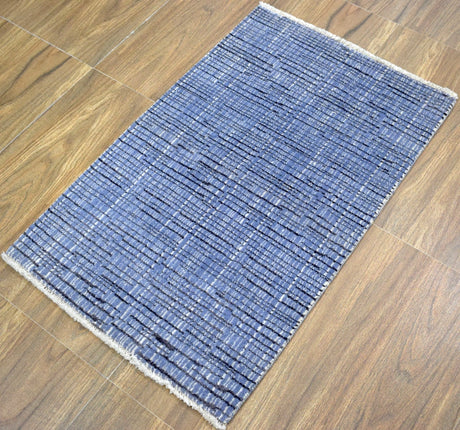Modern Style Blue and Ivory Hand Knotted Wool 2x3 Area Rug