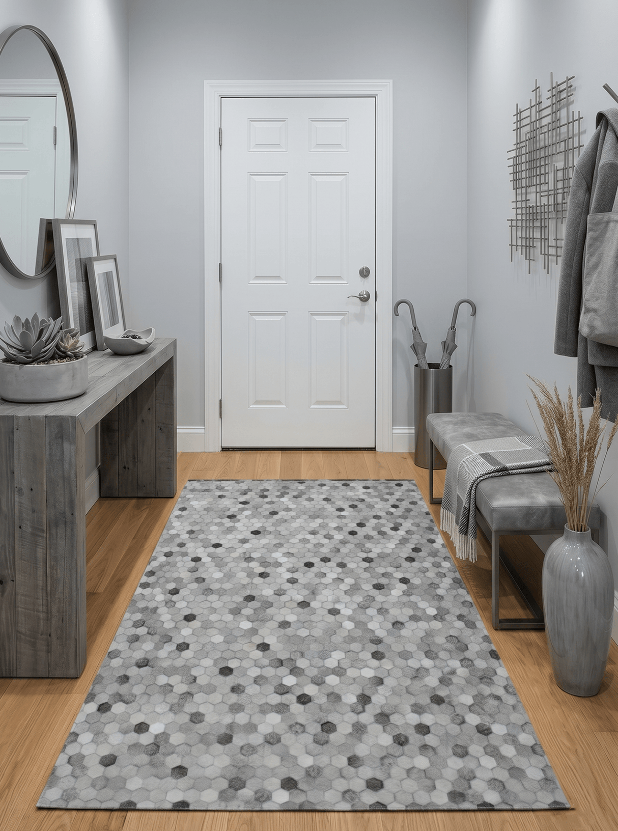 Modern Style Handmade Genuine Leather Silver Area Rug